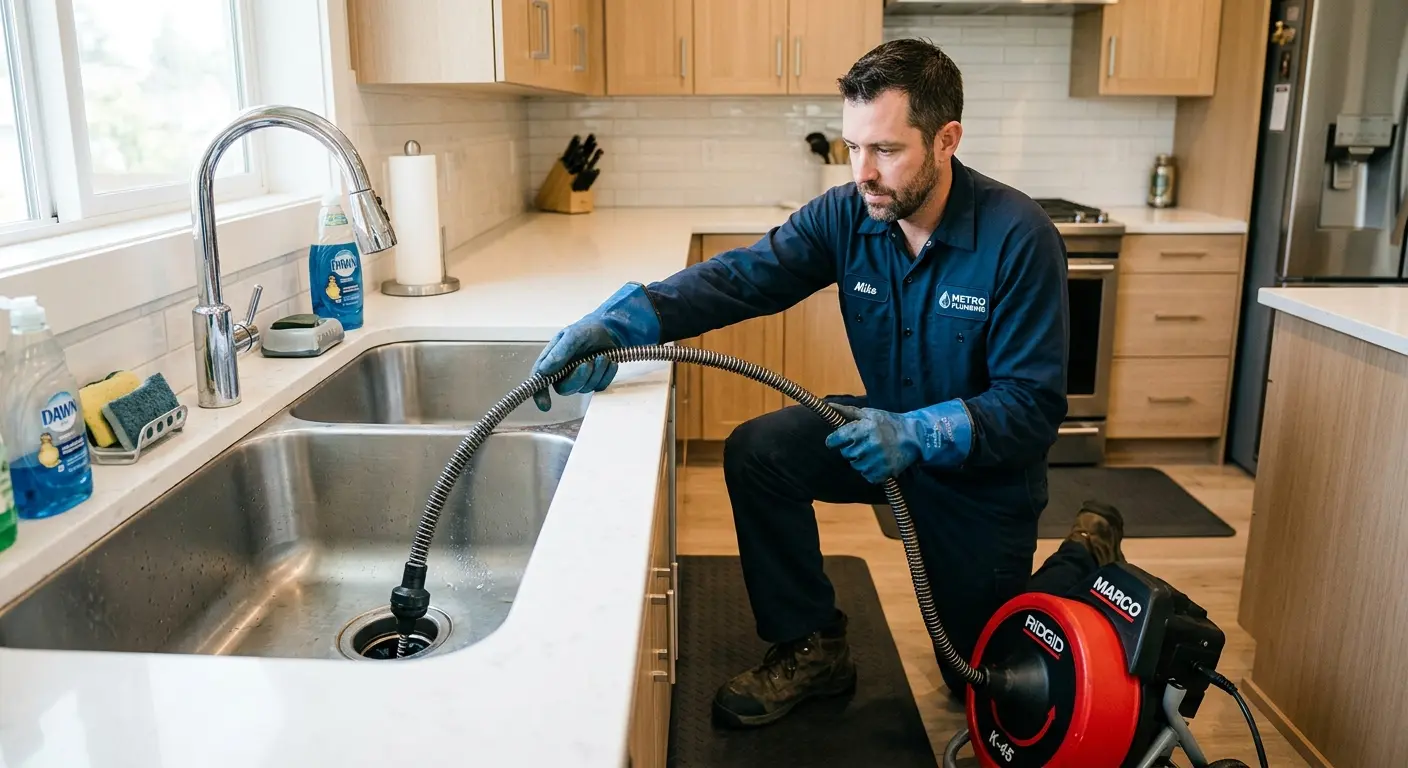 Drain cleaning technician using a motorized snake on a kitchen sink in Pasadena