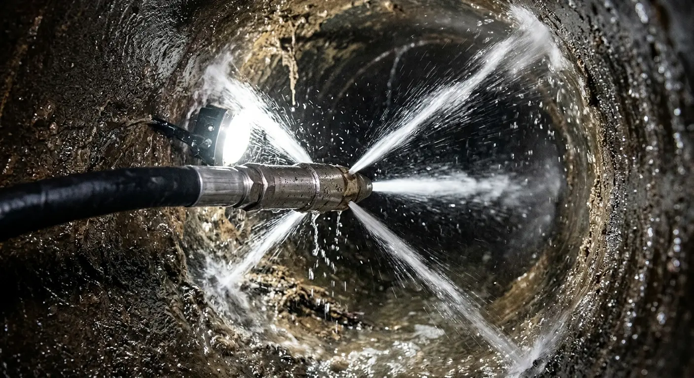 High-pressure hydro jetting nozzle cleaning sewer pipe for Sewer Cleanout in Pasadena